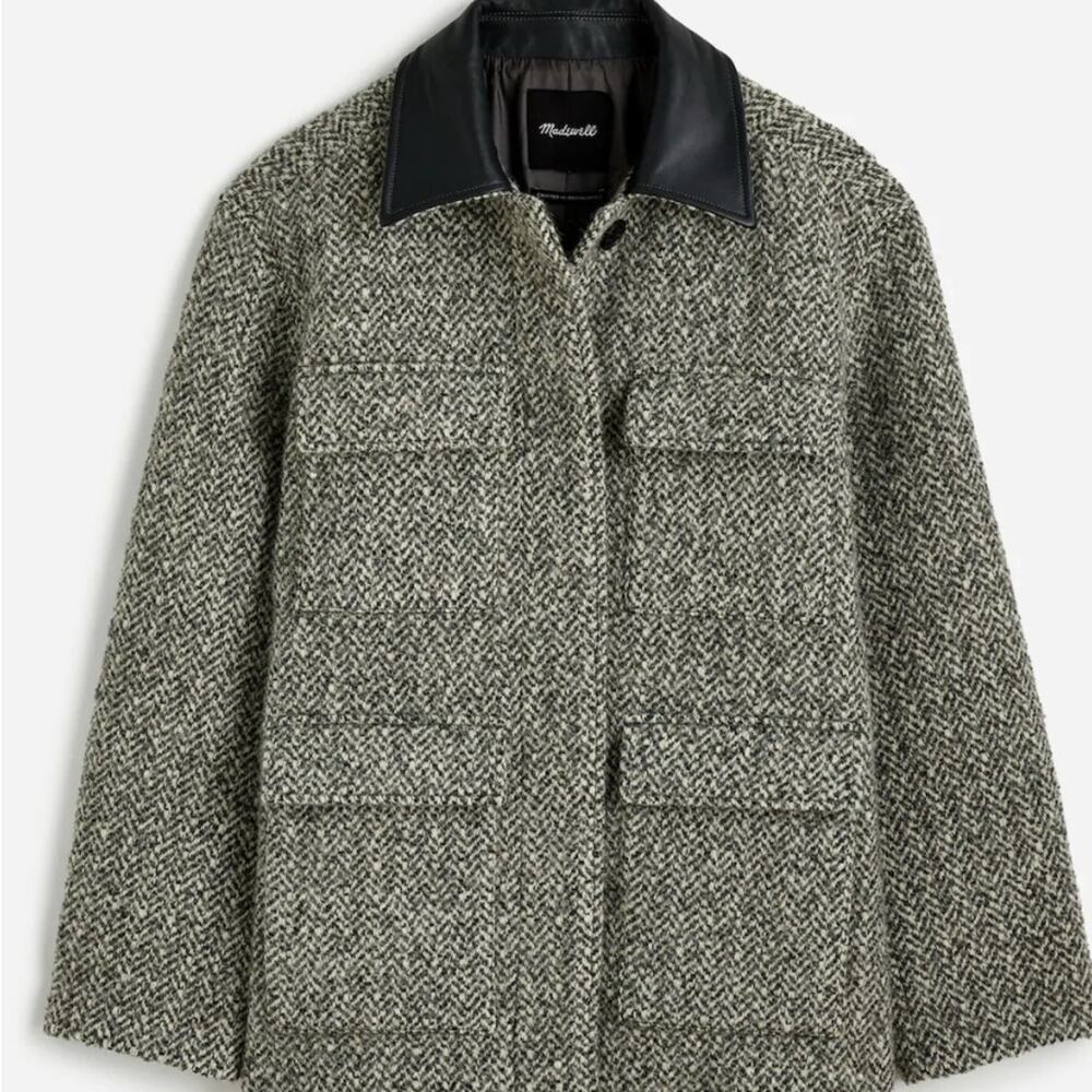 Madewell Women's Black and Gray Tweed with Grey Leather CollarJacket Sz Large